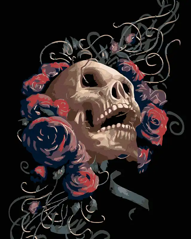 Diamond painting – TOTENKOPF UMHÜLLT VON ROSEN Handgefertigt