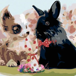 Diamond painting - HUNDEWELPE MIT SCHWARZEM KANINCHEN Preis Gesenkt