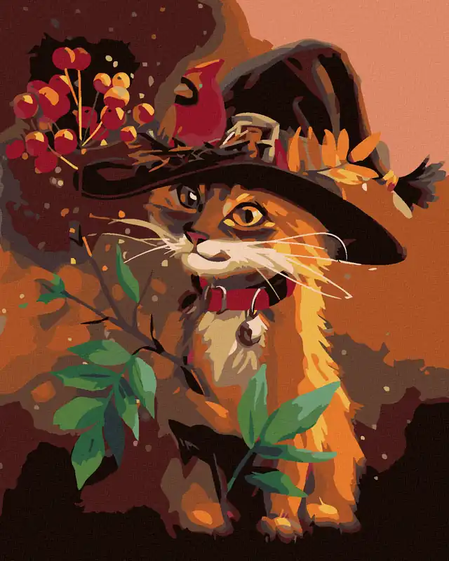 Jetzt Bestellen Diamond painting – KÄTERCHEN MIT HUT UND VOGELBEEREN