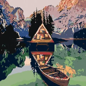 Diamond painting - FLACHBOOT AN DER HÜTTE AM SEE IN DEN BERGEN Geld-Zurück-Garantie