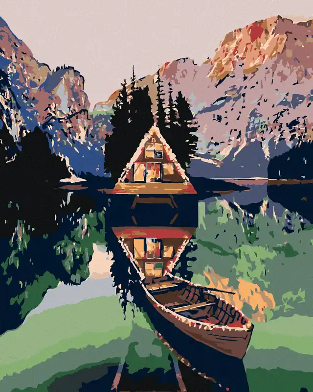 Diamond painting – FLACHBOOT AN DER HÜTTE AM SEE IN DEN BERGEN Geld-Zurück-Garantie