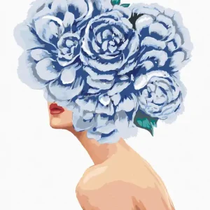 Diamond painting - FRAU MIT BLAUEN BLUMEN AUF DEM KOPF Preisreduziert