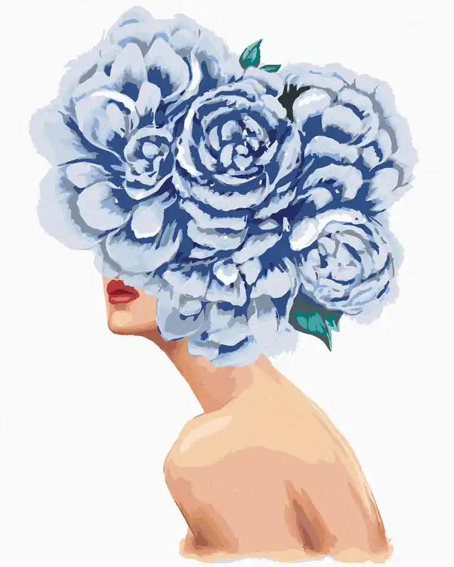 Diamond painting – FRAU MIT BLAUEN BLUMEN AUF DEM KOPF Preisreduziert