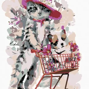 Diamond painting - KÄTZCHEN UND HUND IM EINKAUFSKÖRBCHEN Gratis Versand