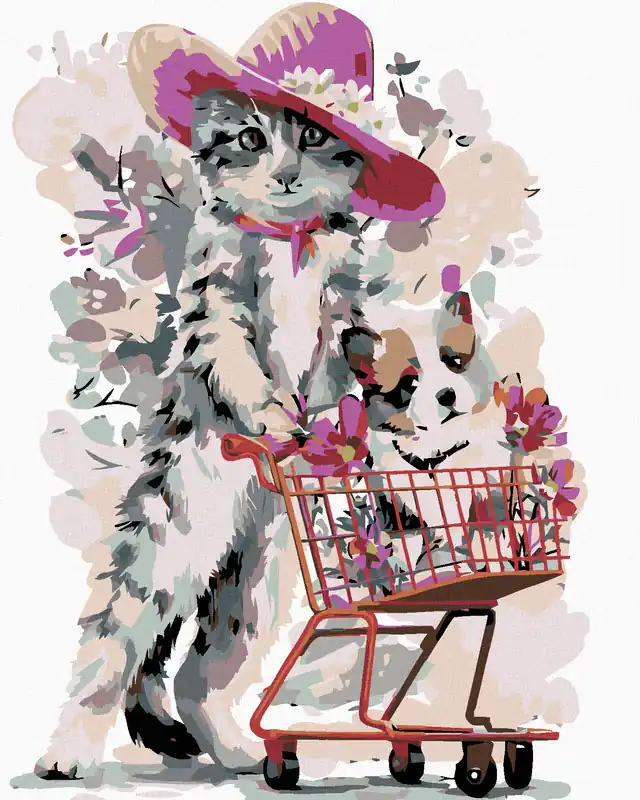 Diamond painting – KÄTZCHEN UND HUND IM EINKAUFSKÖRBCHEN Gratis Versand