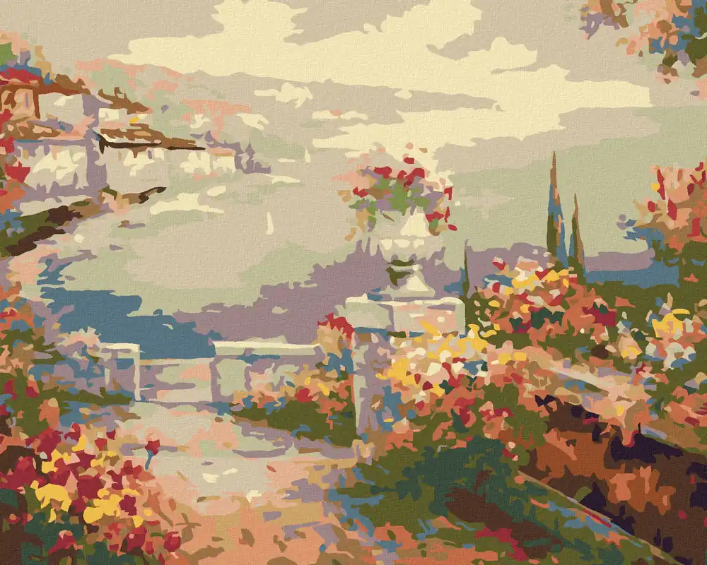 Diamond painting – BLUMENTERRASSE ÜBER DEM MEER Ab Werk