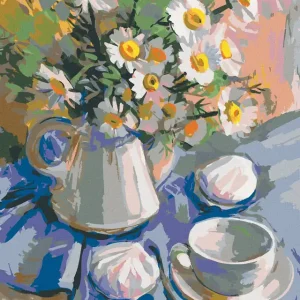 Heute Kaufen Diamond painting - MARGERITEN IN VASE AUF BLAUEM TISCHTUCH