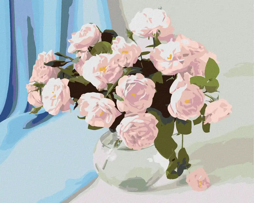Sonderaktion Diamond painting – ROSA BLUMEN IN VASE UND BLAUER VORHANG