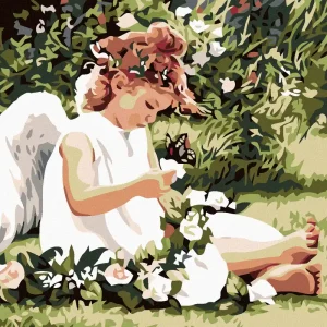 Handgefertigt Diamond painting - ENGELCHEN UNTER BLUMEN