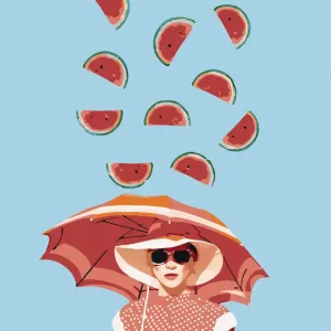 Sichere Zahlung Diamond painting - FRAU MIT REGENSCHIRM UND FALLENDEN MELONEN