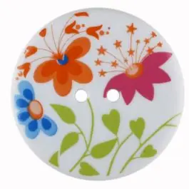 Blumenknopf rund, kunstvoll bedruckt mit 2 Löchern – Größe: 32mm – Farbe: weiss – Art.Nr. 370782 Weltweiter Versand