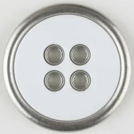 Heißes Angebot Zweiteiliger Vollmetall-Polyamidknopf mit schmalem silbernen Rand, rund, 4 loch – Größe: 20mm – Farbe: weiß – Art.Nr. 320647