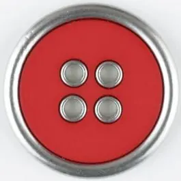 Original Zweiteiliger Vollmetall-Polyamidknopf mit schmalem silbernen Rand, rund, 4 loch – Größe: 25mm – Farbe: rot – Art.Nr. 341178