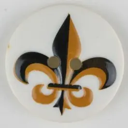Geld-Zurück-Garantie Polyamidknopf Fleur de Lis, bedruckt, 2-loch – Größe: 30mm – Farbe: schwarz – Art.Nr. 370686