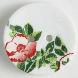 Saisonangebot Polyamidknopf mit wunderschönem Rosendekor bedruckt, 2 Loch – Größe: 23mm – Farbe: weiss – Art.Nr. 330884