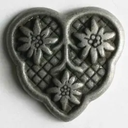 Bestseller Herzknopf mit 3 Edelweiß, vollmetall – Größe: 25mm – Farbe: altzinn – Art.Nr. 360259