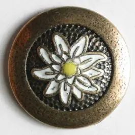 Edelweissknopf, vollmetall mit weißer Blüte – Größe: 23mm – Farbe: altmessing – Art.Nr. 370034 Im Trend