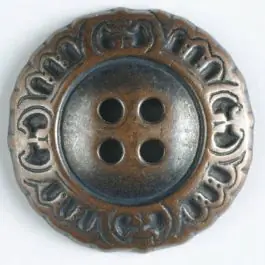 Vollmetallknopf mit schnörkeligem Rand und 4 Löchern – Größe: 23mm – Farbe: kupfer – Art.Nr. 330172 Echt