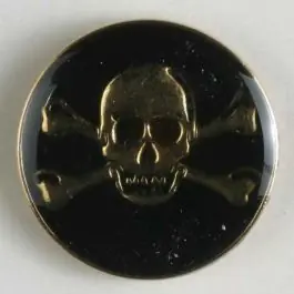 Ab Werk Piratenknopf, vollmetall, schwarz/gold, Gift-Symbol Schädel mit gekreuzten Knochen – Größe: 25mm – Farbe: vergoldet – Art.Nr. 370308