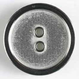 Original Vollmetallknopf mit schmalem schwarzen Rand, Oberfläche durchscheinend mit kleinen Bläschen und 2 Löchern – Größe: 18mm – Farbe: silber – Art.Nr. 310447